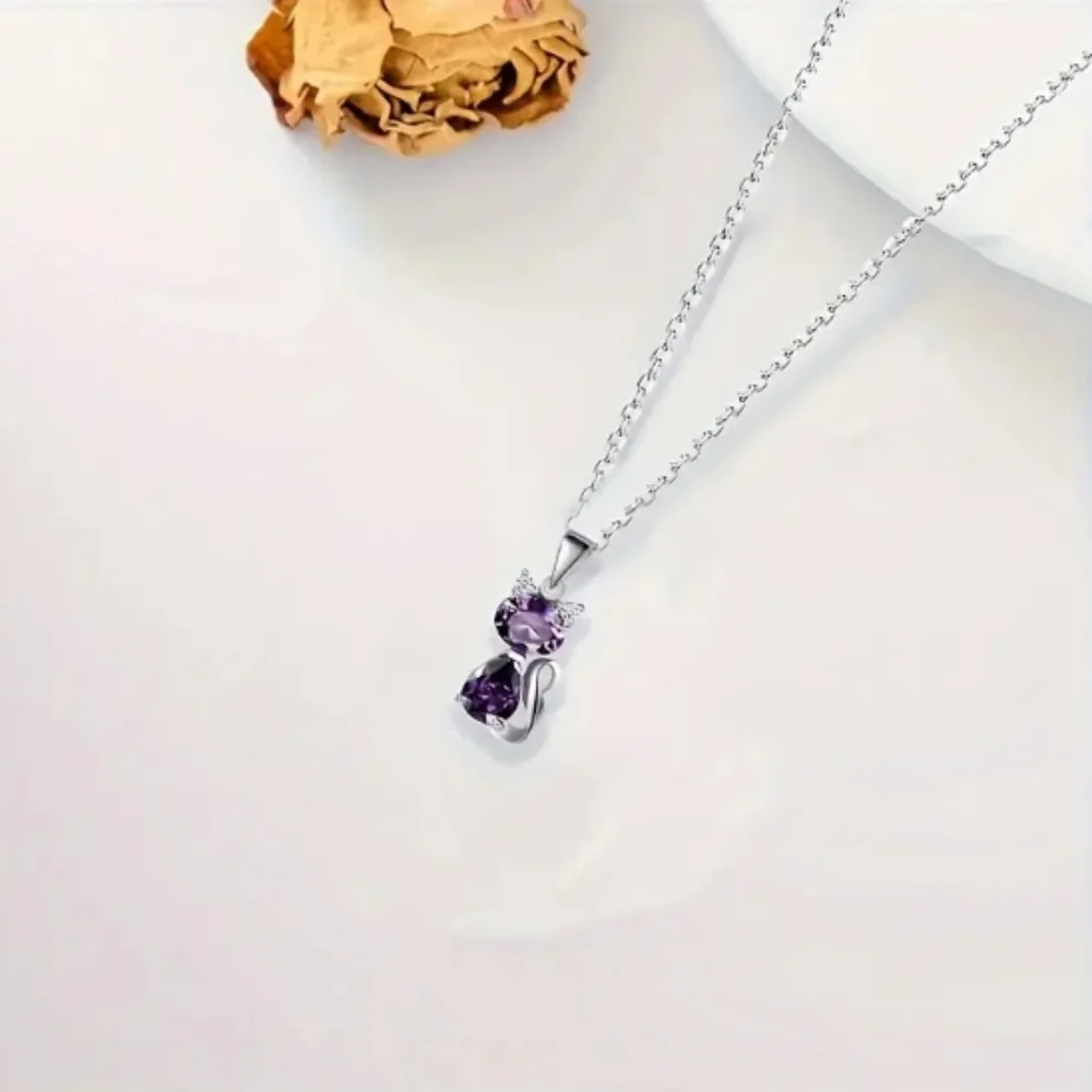 NEW Purple Cat Heart Necklace silver_5